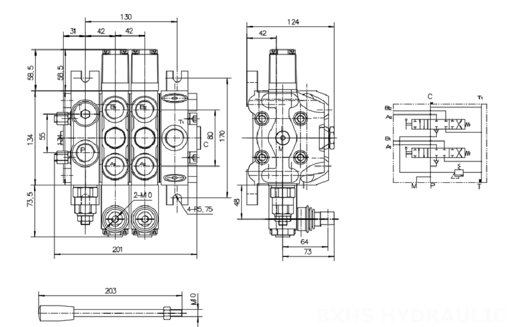 DCV100 Ручное 2 катушки Секционный направляющий клапан drawing image