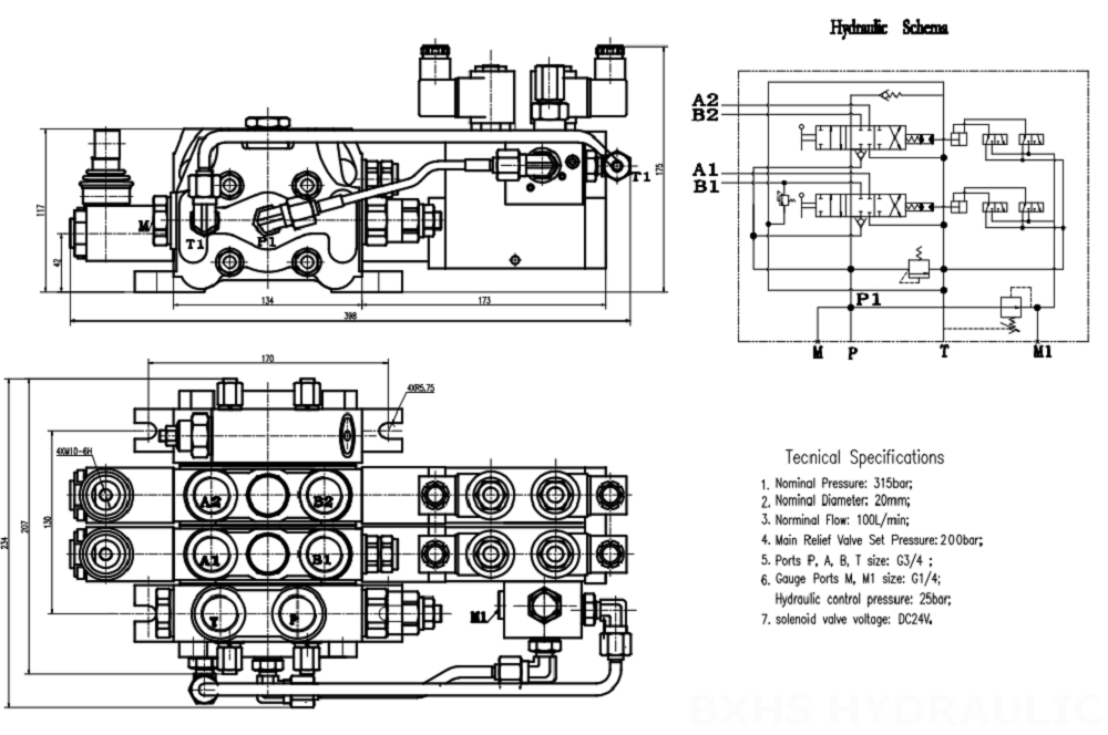 DCV100 Электрогидравлический 2 катушки Секционный направляющий клапан drawing image