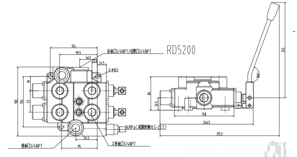 RD5200 Ручное 2 катушки Гидравлический регулирующий клапан drawing image