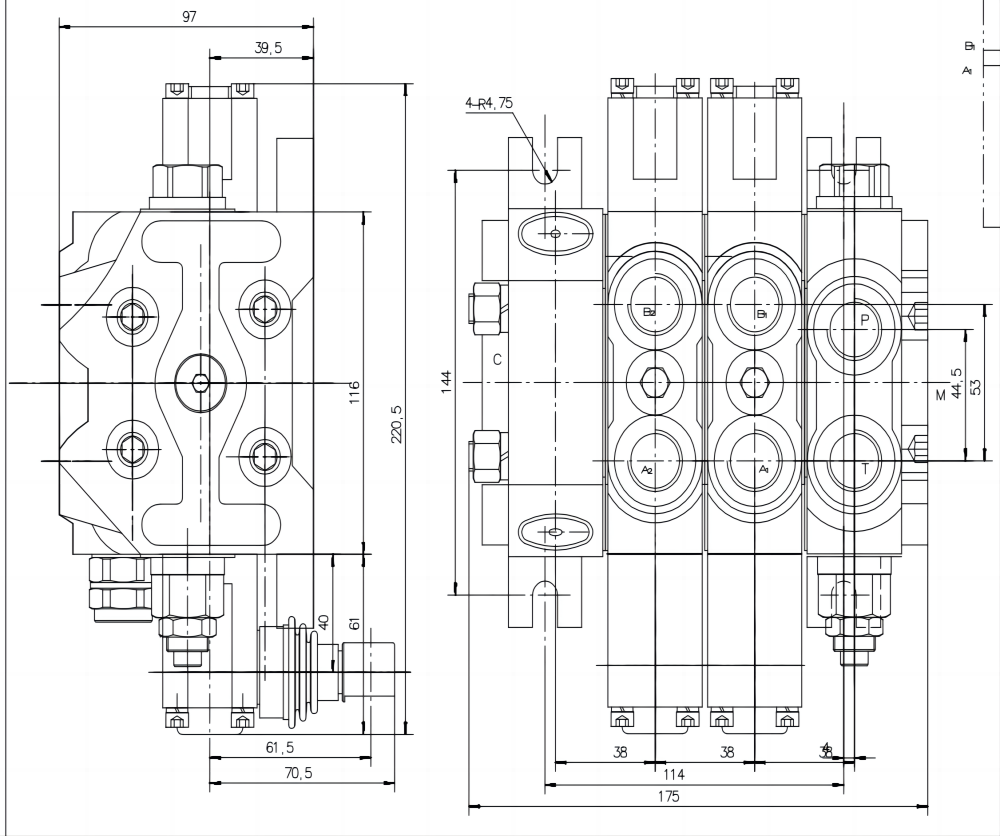 DCV60 Ручное 2 катушки Секционный направляющий клапан drawing image