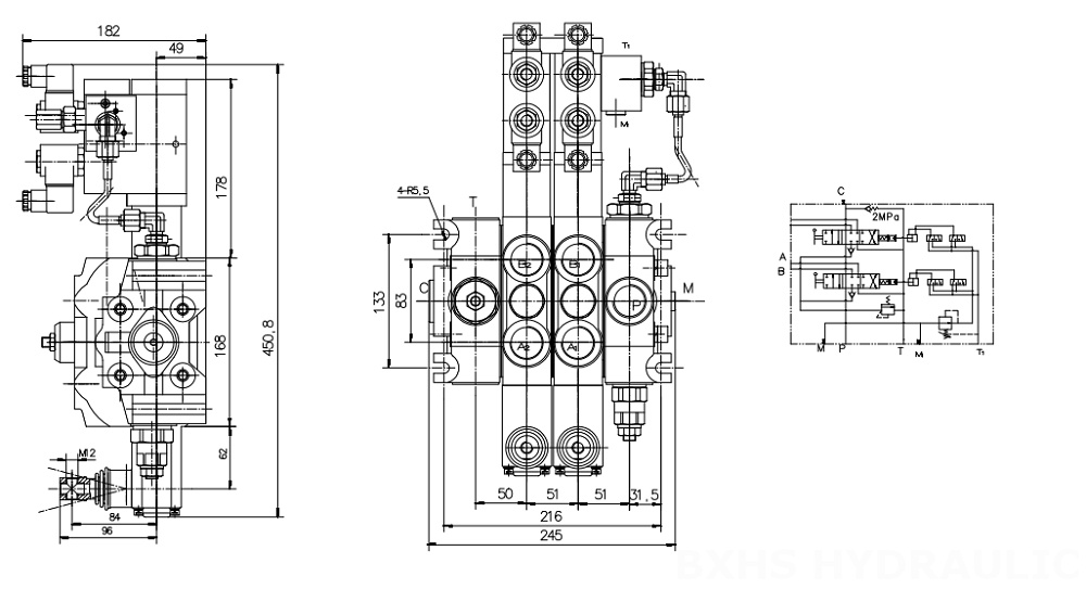 DCV200 Электрогидравлический 2 катушки Секционный направляющий клапан drawing image