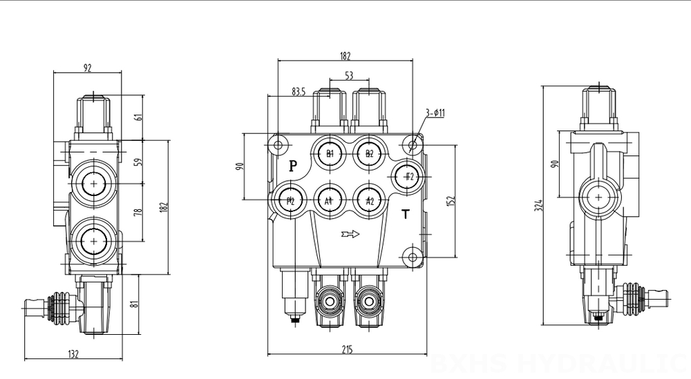 P120 Ручное 2 катушки Моноблочный направляющий клапан drawing image