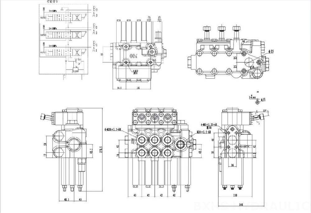 MP80 Ручное 3 катушки Гидравлический распределитель drawing image