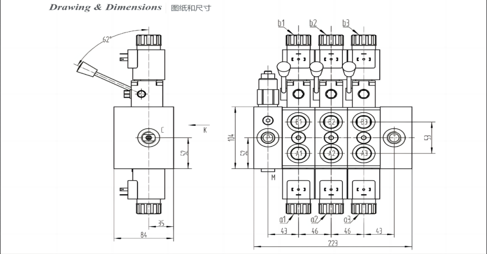 DCV58 Соленоидный и ручной 3 катушки Секционный направляющий клапан drawing image