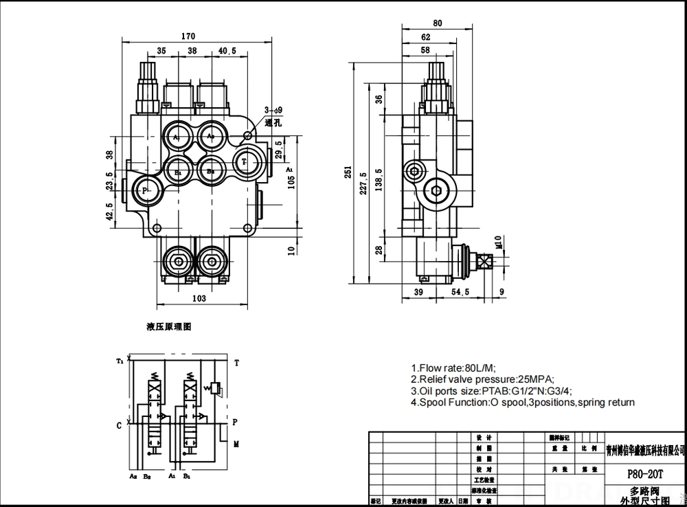 P80A Ручное 2 катушки Моноблочный направляющий клапан drawing image