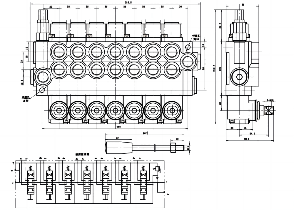 P40-U78 Ручное 7 катушек Моноблочный направляющий клапан drawing image