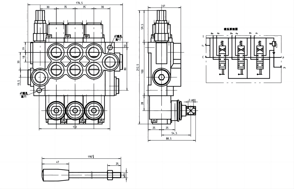 P40-G12-G38-3OT Ручное 3 катушки Моноблочный направляющий клапан drawing image