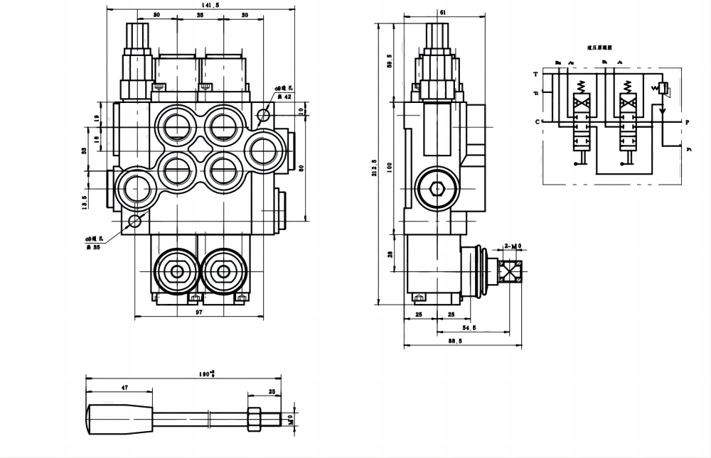 P40-G12-2OT Ручное 2 катушки Моноблочный направляющий клапан drawing image