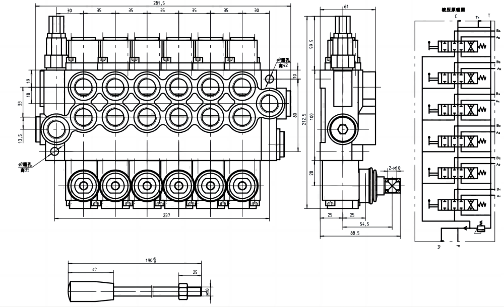 P40-U34 Ручное 6 катушек Моноблочный направляющий клапан drawing image