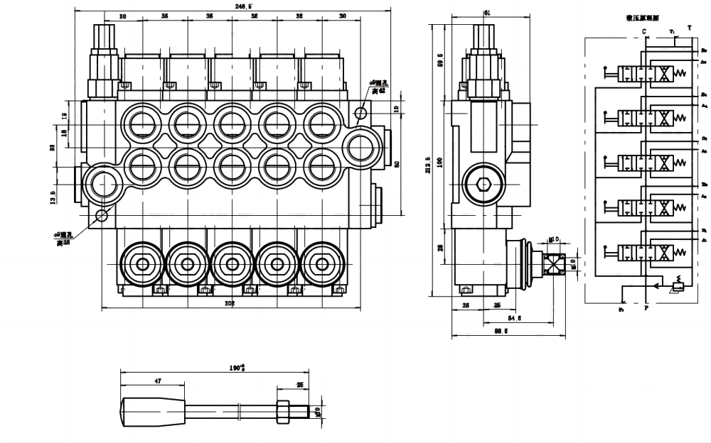 P40-U78 Ручное 5 катушек Моноблочный направляющий клапан drawing image