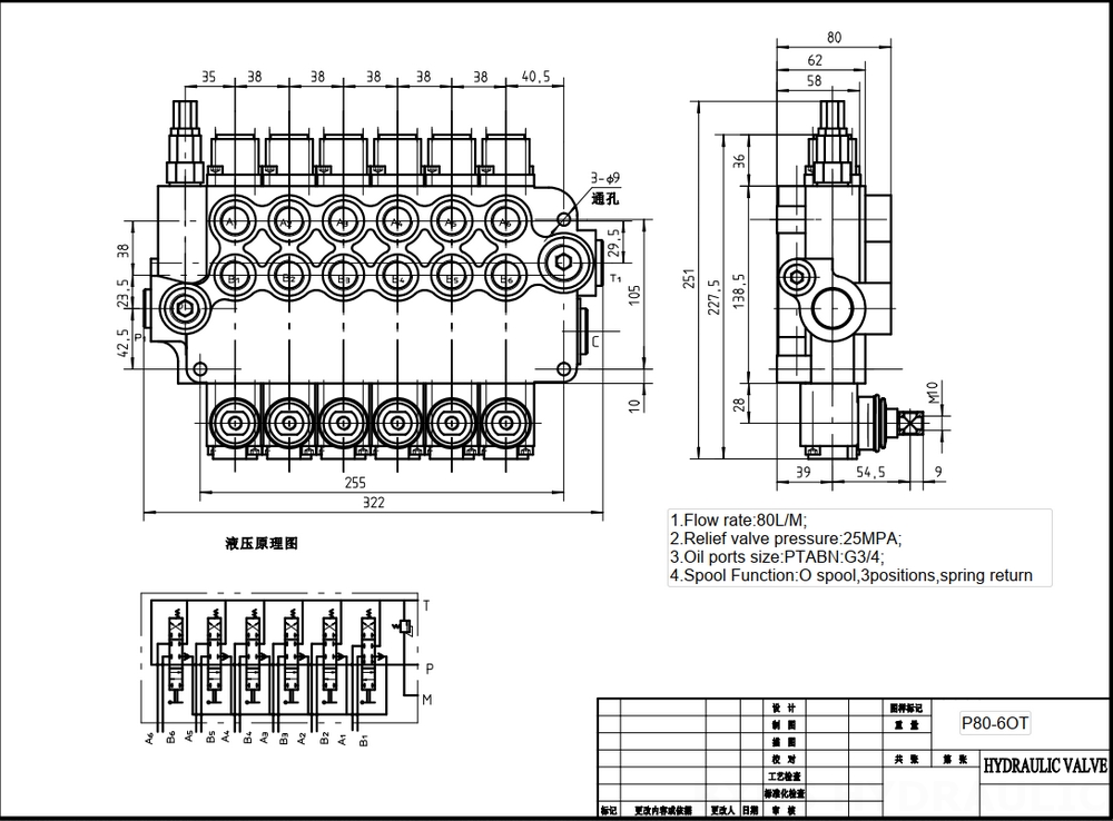 P80-G12-G34-6OT Ручное 6 катушек Моноблочный направляющий клапан drawing image