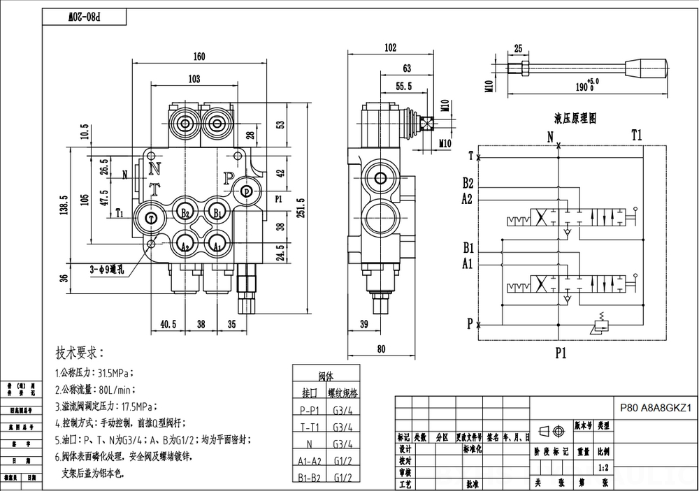 P80-G12-G34-OW Ручное 2 катушки Моноблочный направляющий клапан drawing image