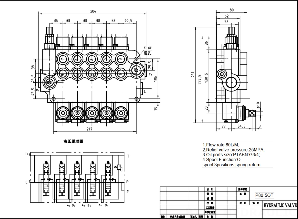 P80-G12-G38-OW Ручное 5 катушек Моноблочный направляющий клапан drawing image