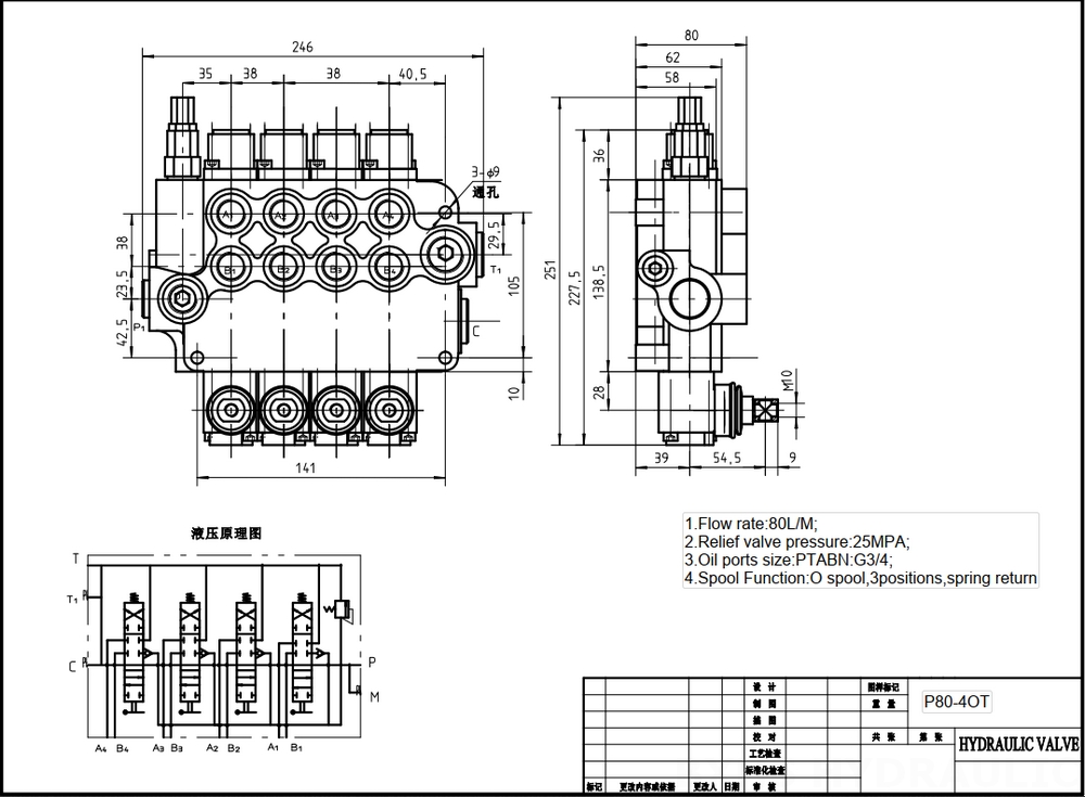 P80-G34-4OT Ручное 4 катушки Моноблочный направляющий клапан drawing image