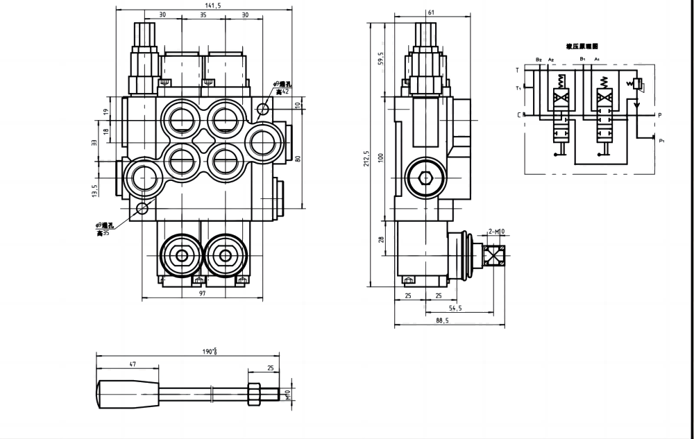 P40-U78-U34-OT-YW Ручное 2 катушки Моноблочный направляющий клапан drawing image