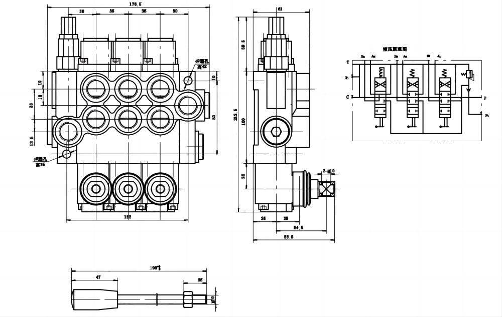 P40-U78-U34-2OT-YW Ручное 3 катушки Моноблочный направляющий клапан drawing image