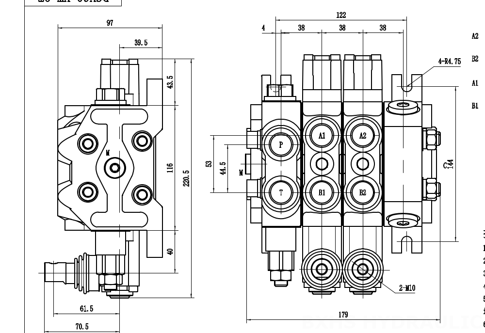 DCV60-Double control Ручное 2 катушки Секционный направляющий клапан drawing image