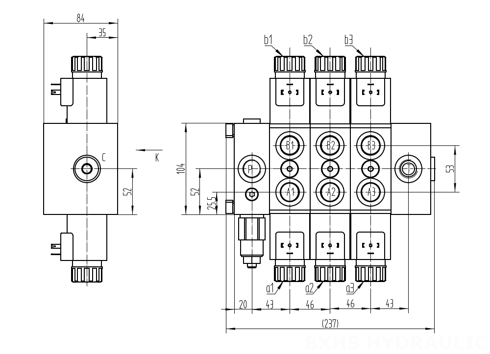 DCV58 Соленоидный 3 катушки Секционный направляющий клапан drawing image