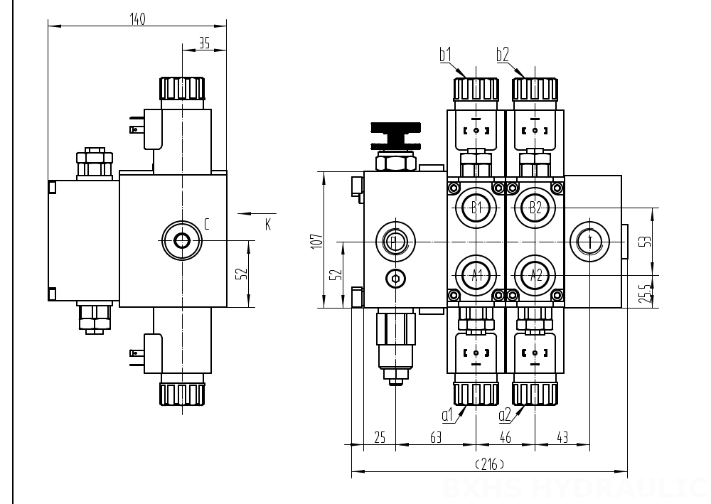 DCV58F Соленоидный 2 катушки Секционный направляющий клапан drawing image