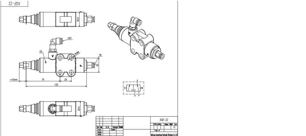 XQF-22A Пневматический 1 катушка Моноблочный направляющий клапан drawing image