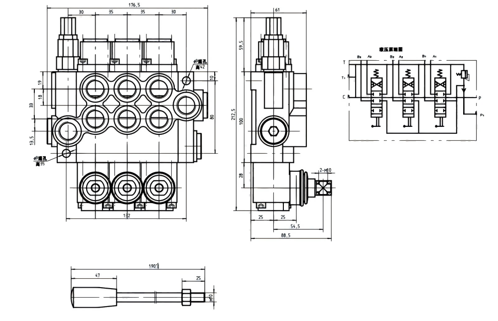 P40-G12 Ручное 3 катушки Моноблочный направляющий клапан drawing image