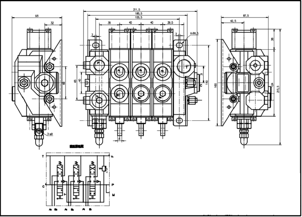 HSDS15 Ручное 3 катушки Моноблочный направляющий клапан drawing image