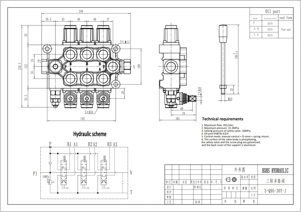 Q95 Ручное 3 катушки Моноблочный направляющий клапан drawing image