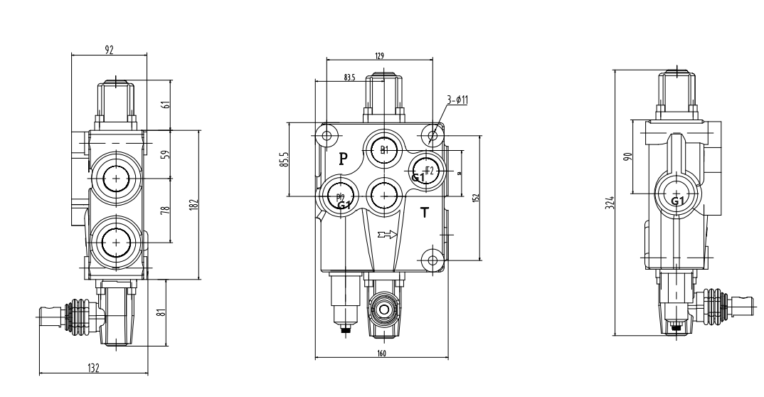 P120-G1 Ручное 1 катушка Моноблочный направляющий клапан drawing image