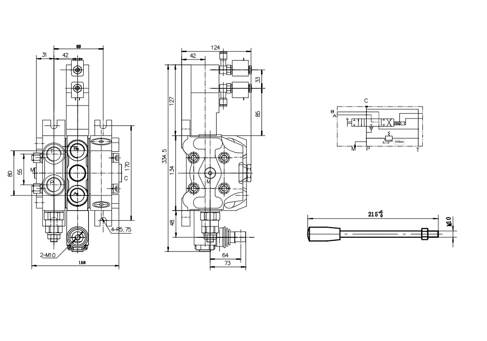 DCV100 Пневматический 1 катушка Секционный направляющий клапан drawing image