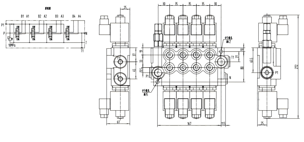 P40-DKL Соленоидный 4 катушки Моноблочный направляющий клапан drawing image