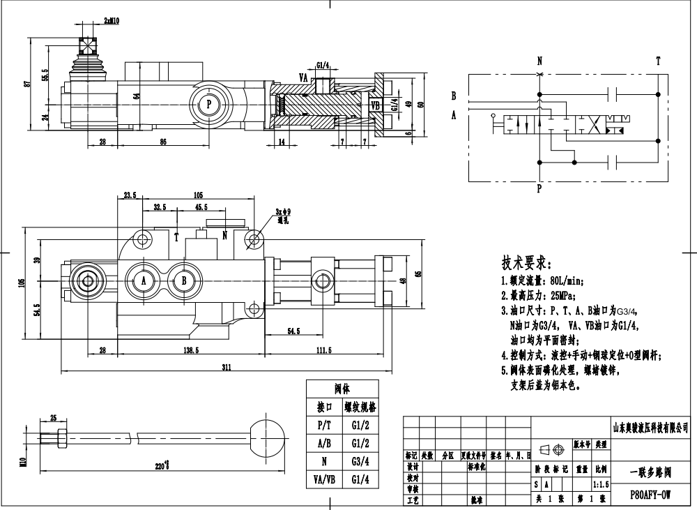 P80F-G34 Гидравлический 1 катушка Моноблочный направляющий клапан drawing image