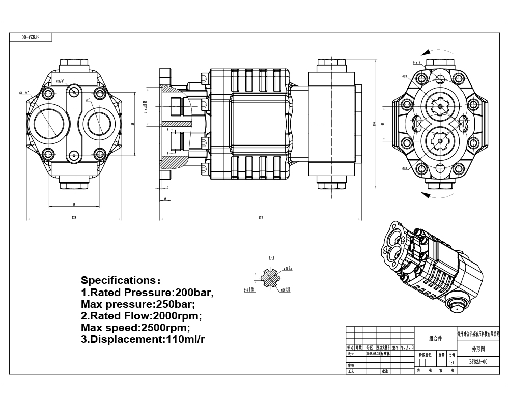 BF110A-ZF1 110 см³/об 20 МПа (2900 фунт/кв. дюйм) Гидравлический шестерёнчатый насос drawing image