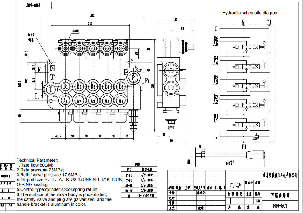 P80-U7/8-5OT Ручное 5 золотников Моноблочный направляющий клапан drawing image